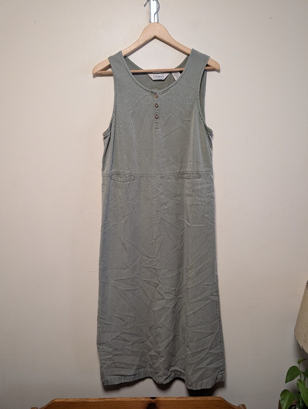 L.L. Bean Comfort Cotton Tencel Jumper Dress Sage Green Sleeveless Maxi Size 12